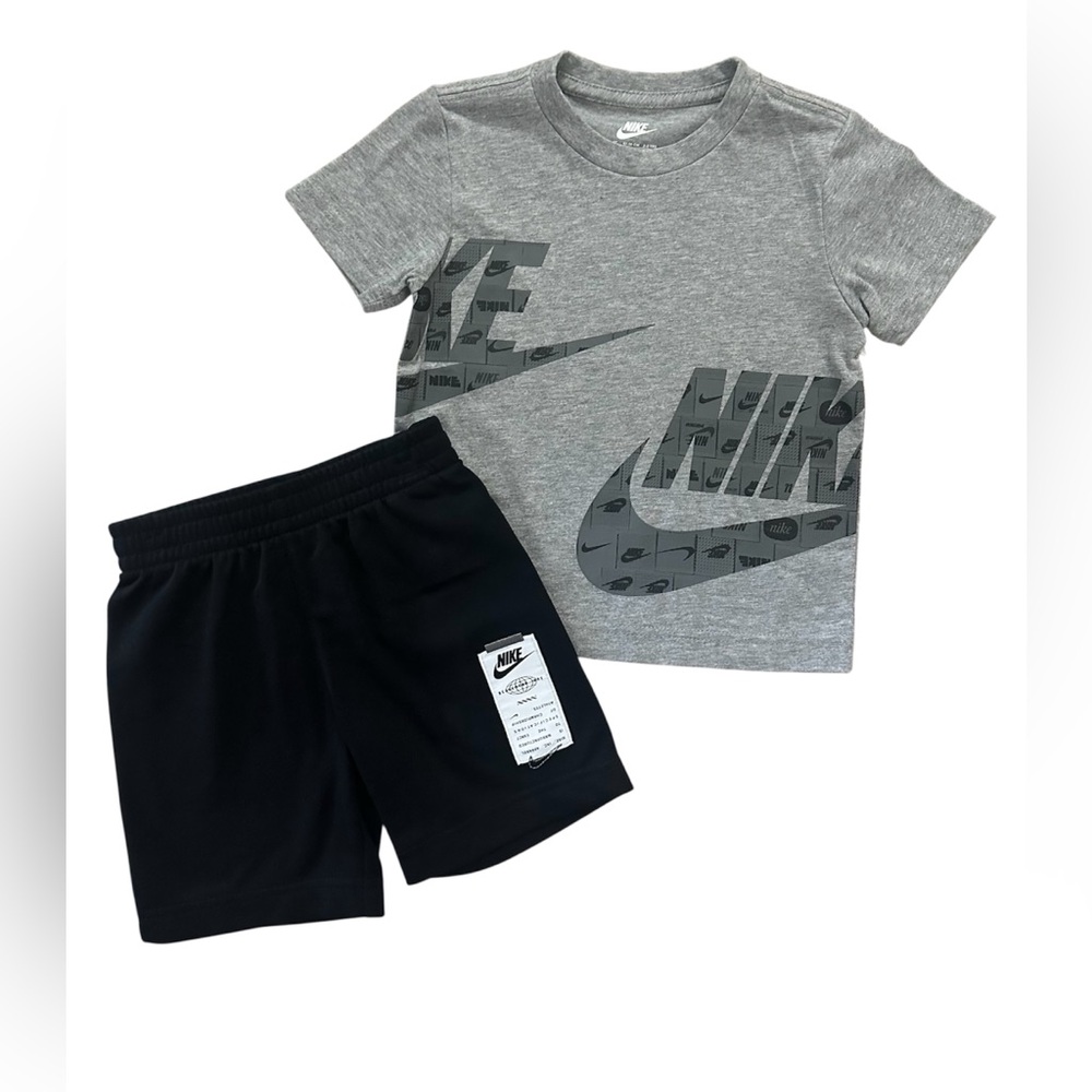 NWT Nike Boys 3T 2PC Set Gray Logo Tee Black Shorts Athletic Outfit